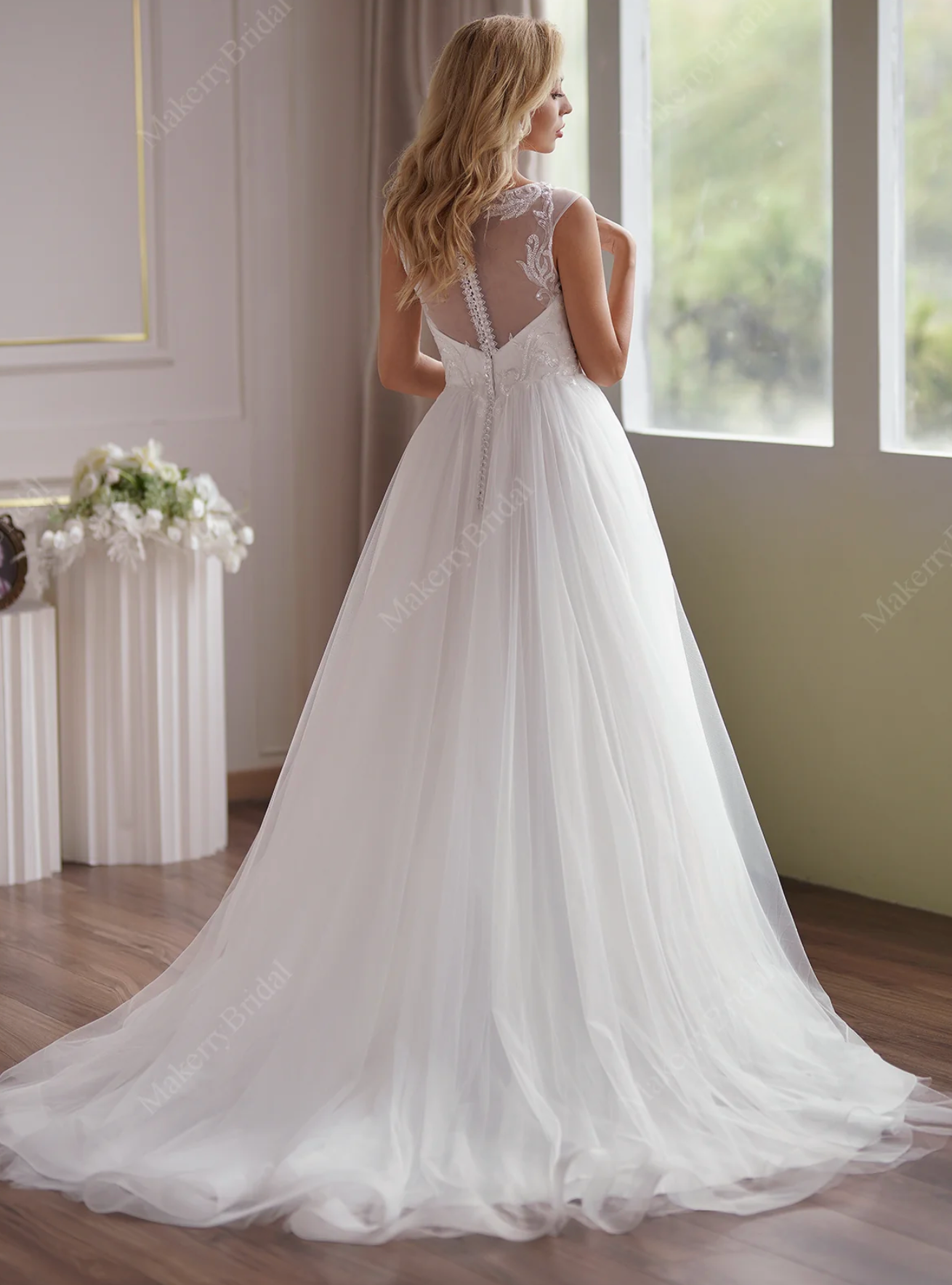 Wedding Dress Illusion Beaded Lace Tulle Bridal Gown With Train, Fall in love with this breathtaking A-line wedding gown. The alluring plunging detail of this cap sleeve 
