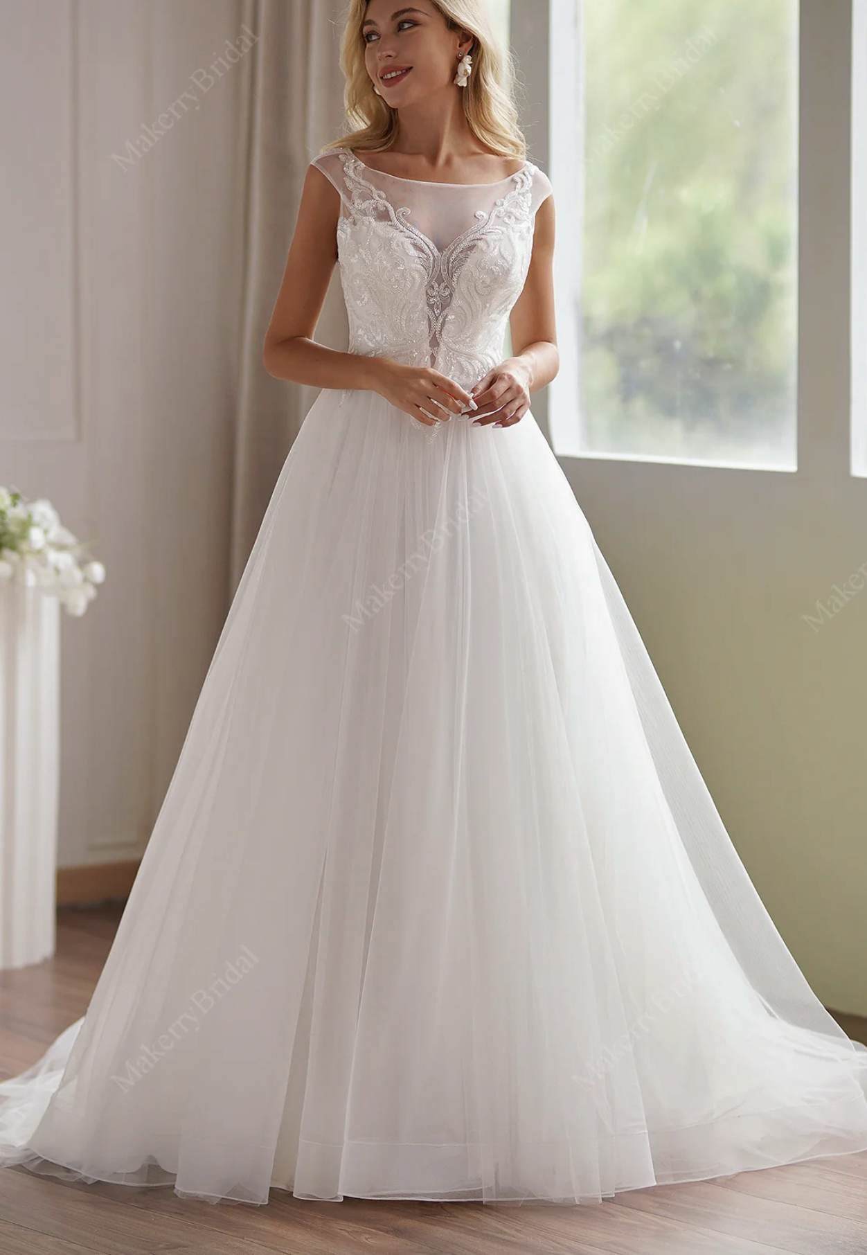 Wedding Dress Illusion Beaded Lace Tulle Bridal Gown With Train, Fall in love with this breathtaking A-line wedding gown. The alluring plunging detail of this cap sleeve 