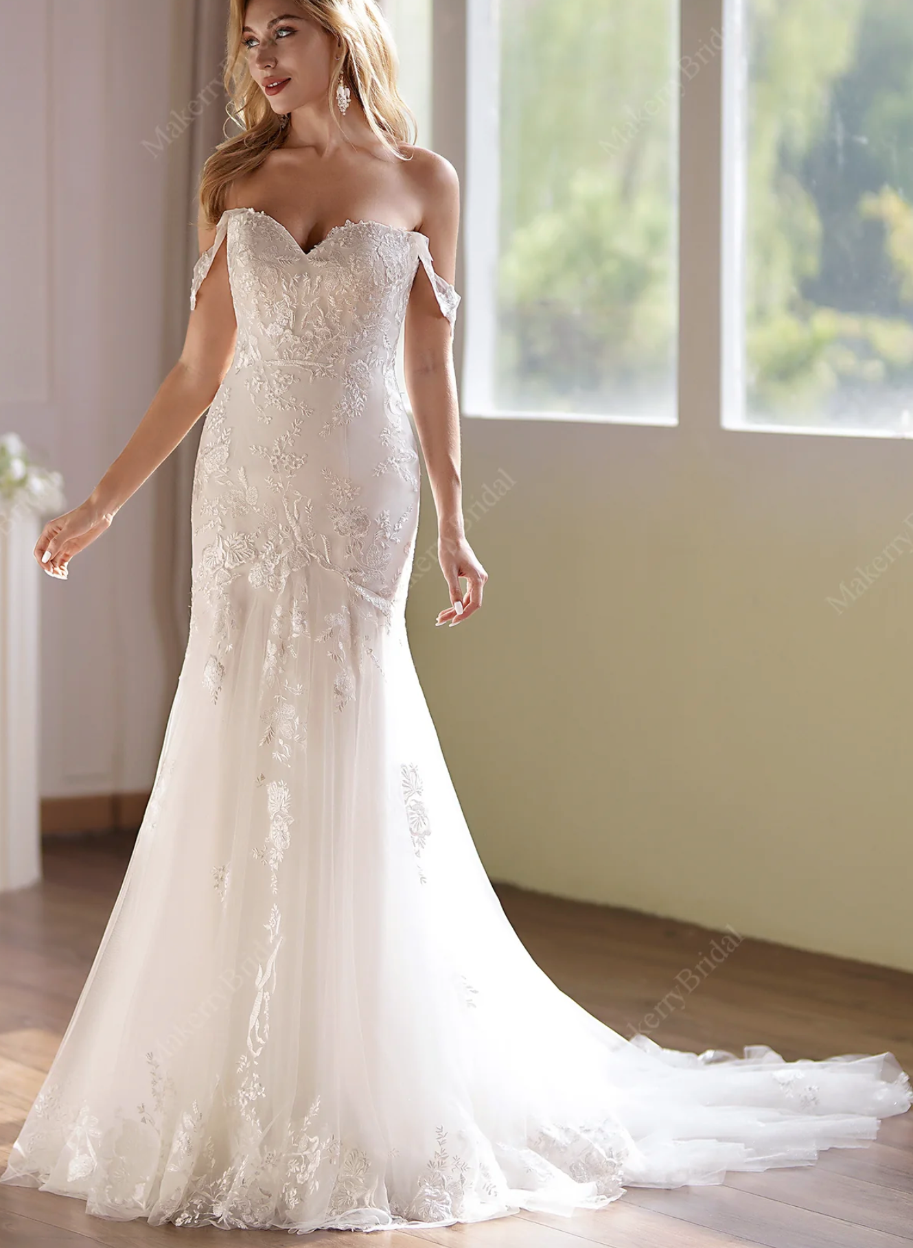 Wedding Dress Floral Sequined Mermaid Bridal Gown With Train,  A floral sequined mermaid bridal gown has glam aplenty. What about a sexy nod to the romantic sweetheart neckline