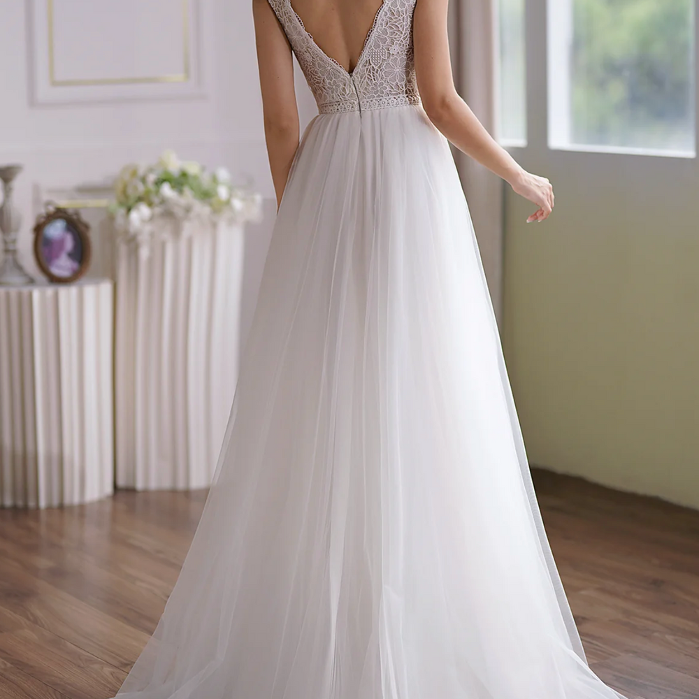 Wedding Dress Illusion Lace Boho Bridal Gown With Open Back Ivory / 10