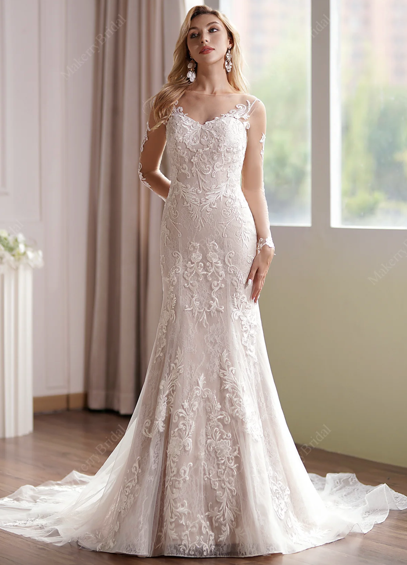 Wedding Dress Long Sleeve Lace Bridal Gown With Illusion Back, For a high-end fashion look that is distinctly modern yet evokes a classic romance