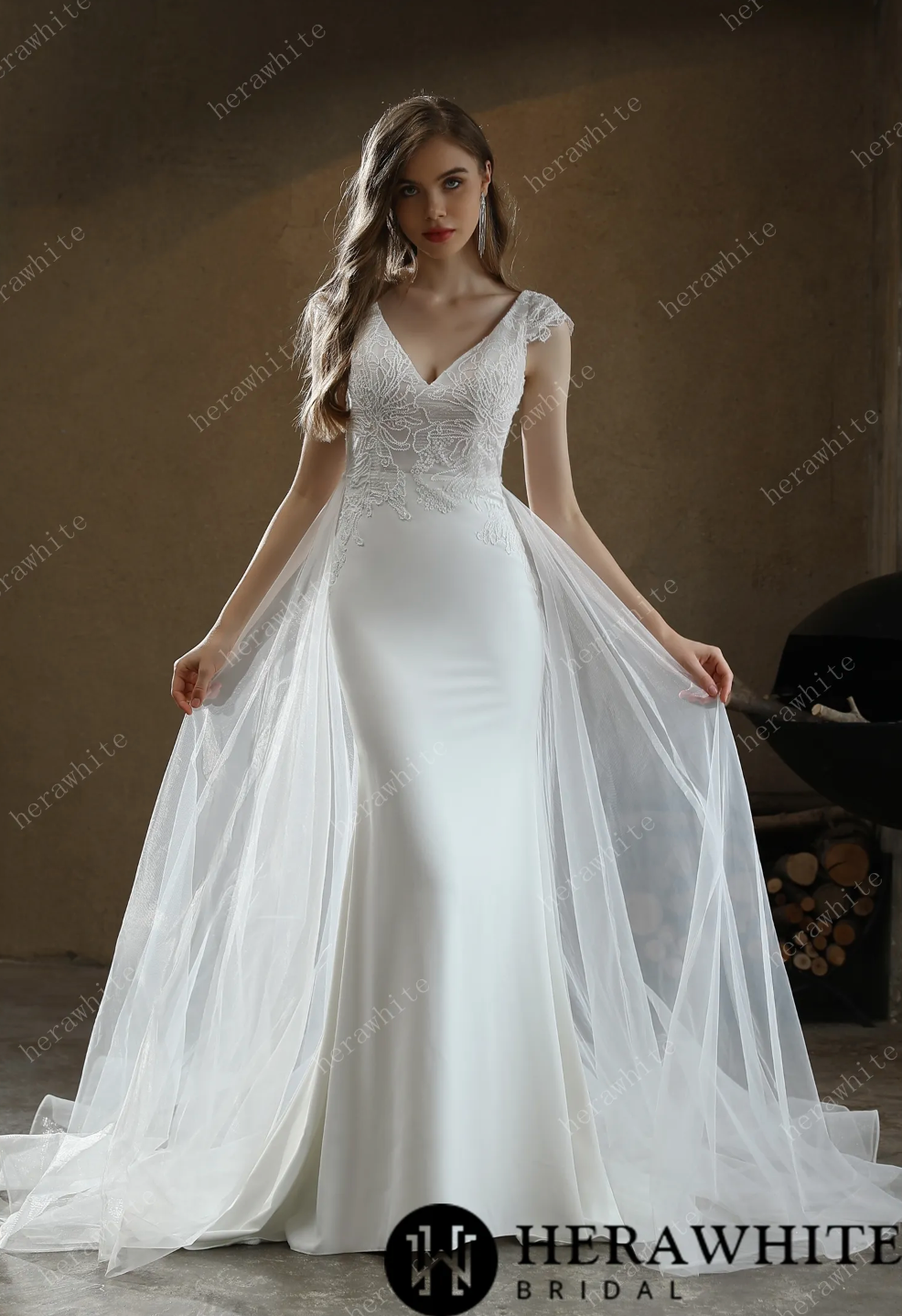 Crepe Sheath Wedding Dress with Lace Cap Sleeves Bridal Gown, this crepe bridal gown with sheath silhouette will showcase your chic style on your wedding day