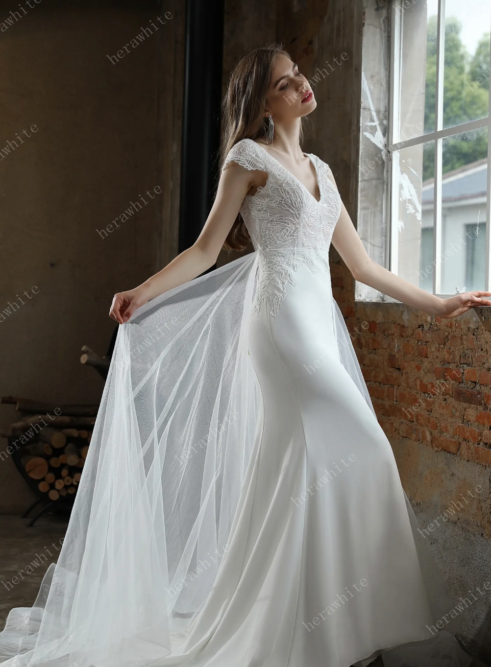 Crepe Sheath Wedding Dress with Lace Cap Sleeves Bridal Gown, this crepe bridal gown with sheath silhouette will showcase your chic style on your wedding day