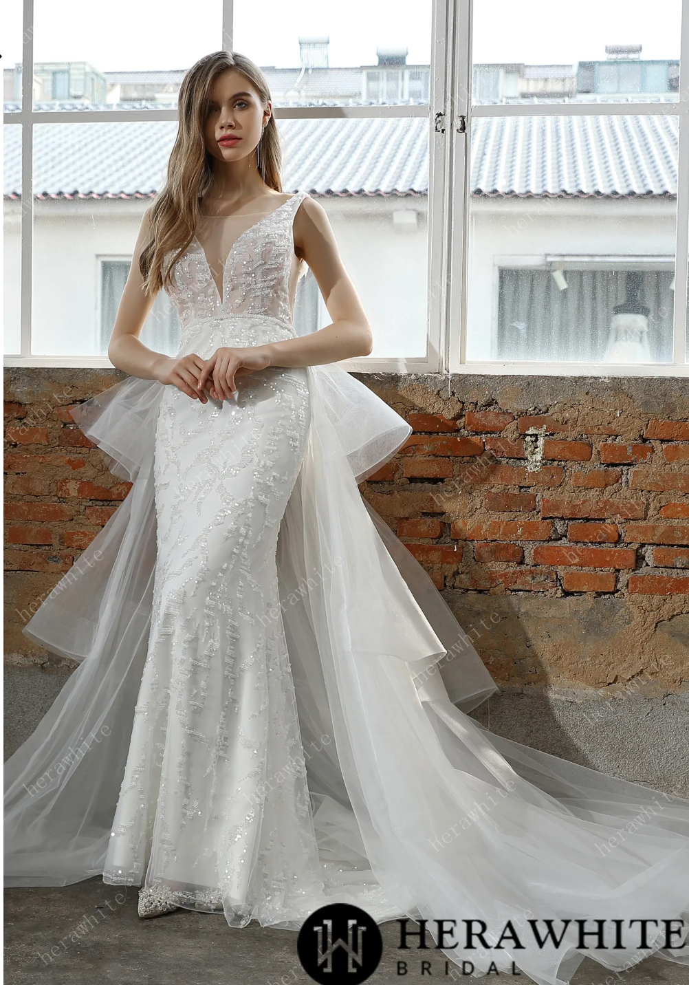 Crepe Wedding Dress With Beaded Tulle Detachable Ruffled Skirt Bridal Gown, emphasize your shape in this sheath gown that shimmers from every angle. T