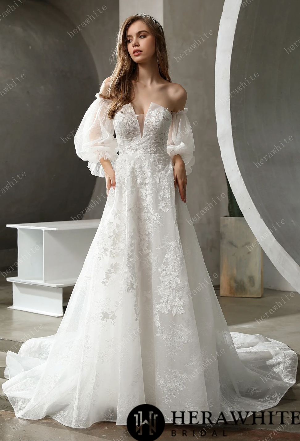Floral Lace Wedding Dress Detachable Puff Sleeves A Line Bridal Gown,  turn heads in this soft luxe bridal look. A strapless sweetheart neckline features a dramati