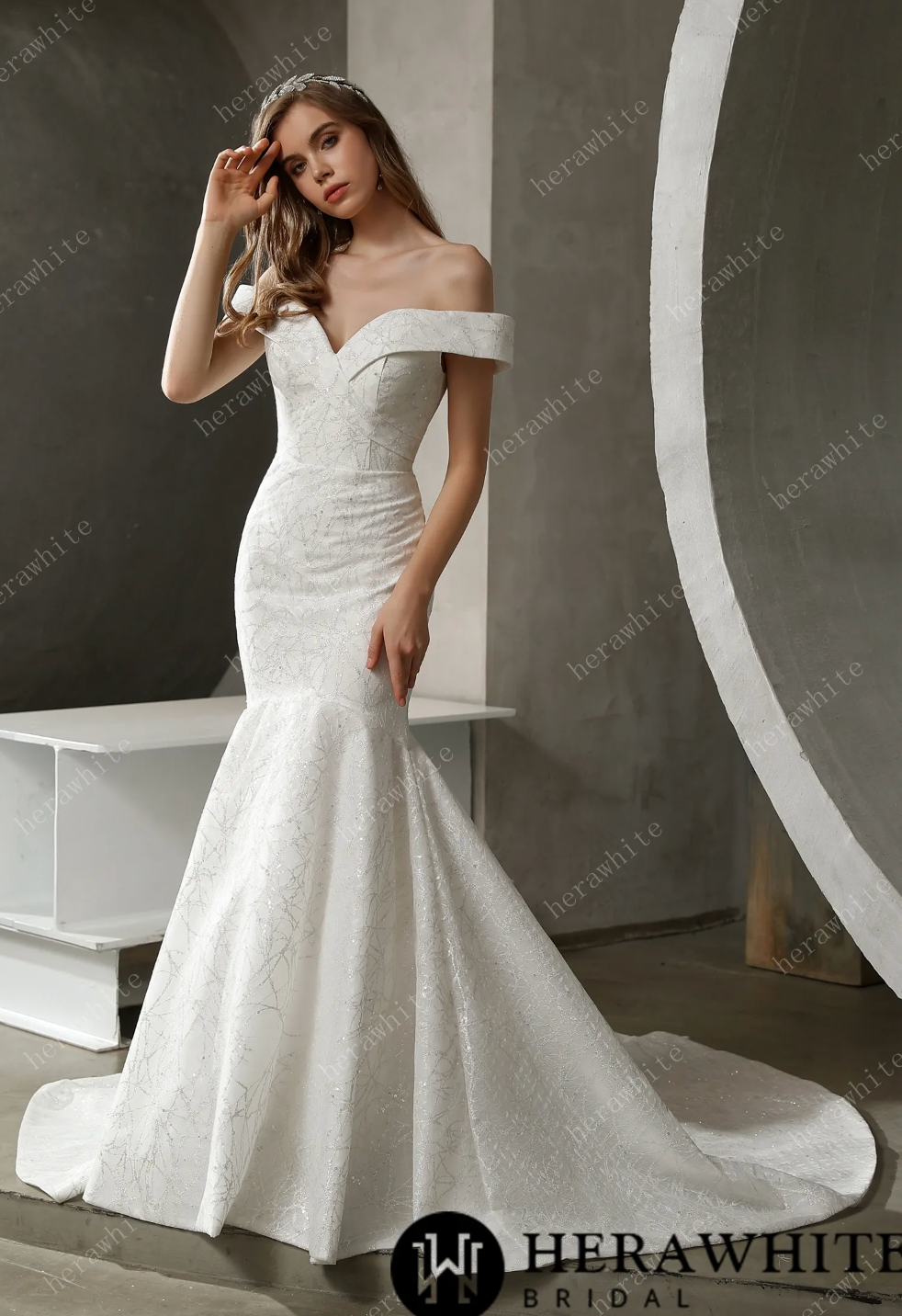 Mermaid Sequined Wedding Dress Crepe Lace Bridal Gown With Long Train,  classic and modern detailing, this lace bridal gown will stand the test of tim