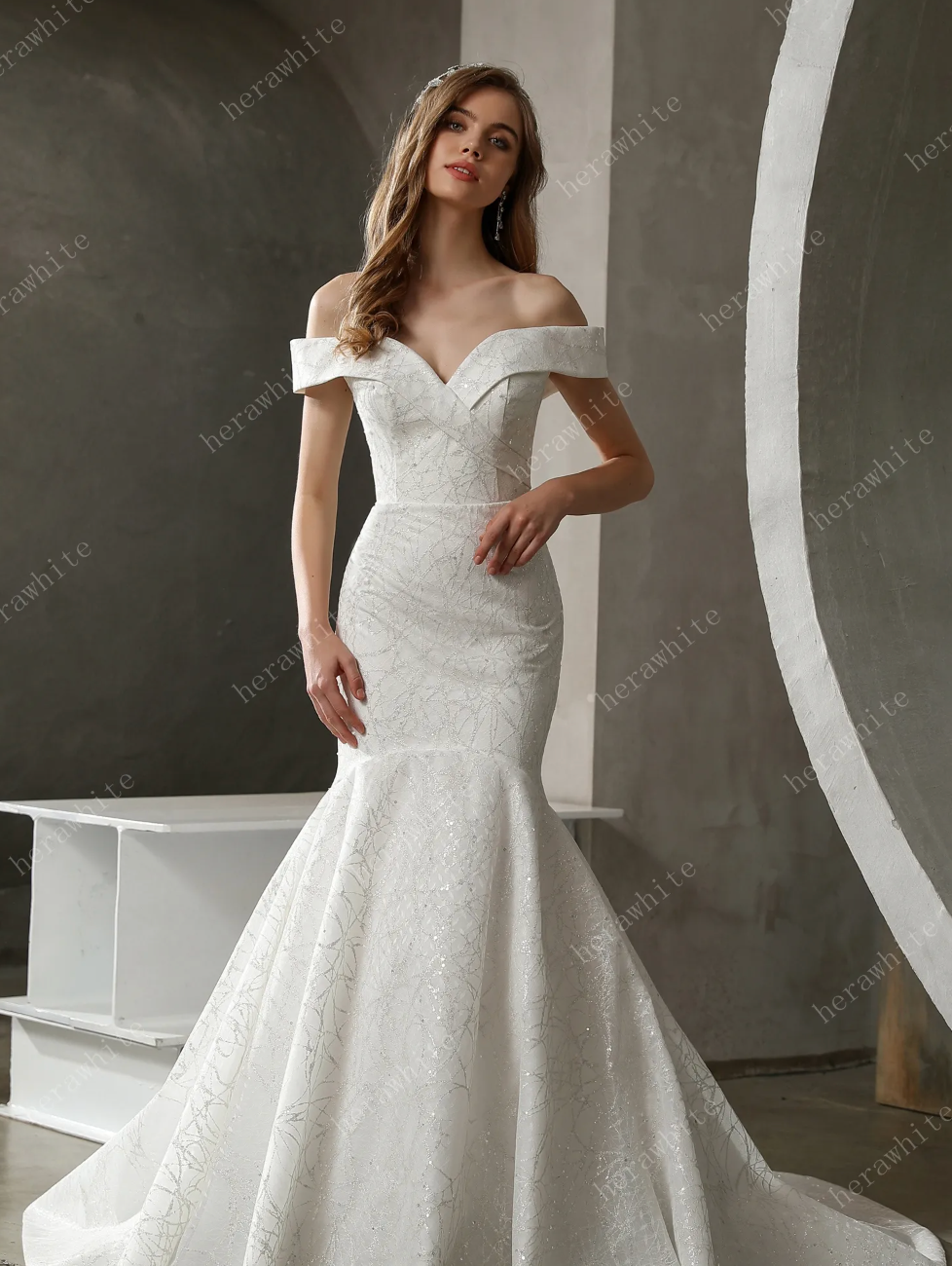 Mermaid Sequined Wedding Dress Crepe Lace Bridal Gown With Long Train,  classic and modern detailing, this lace bridal gown will stand the test of tim