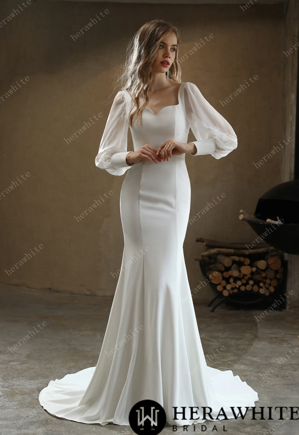 Chiffon Wedding Dress Chapel Train Fit & Flare Bridal Gown, this clean crepe wedding gown makes a fashion statement, the sweetheart neckline i