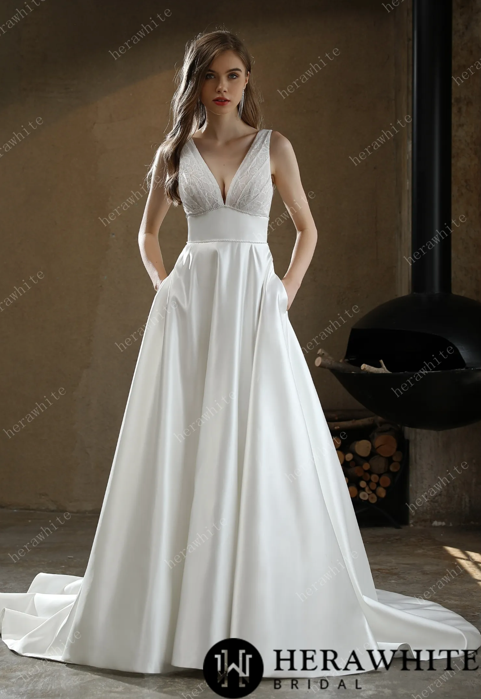 Satin A Line Wedding Dress With Pockets Chapel Train Bridal Gown, you'll be ready for the aisle in this classic V-neckline clean A-line bridal gown. 