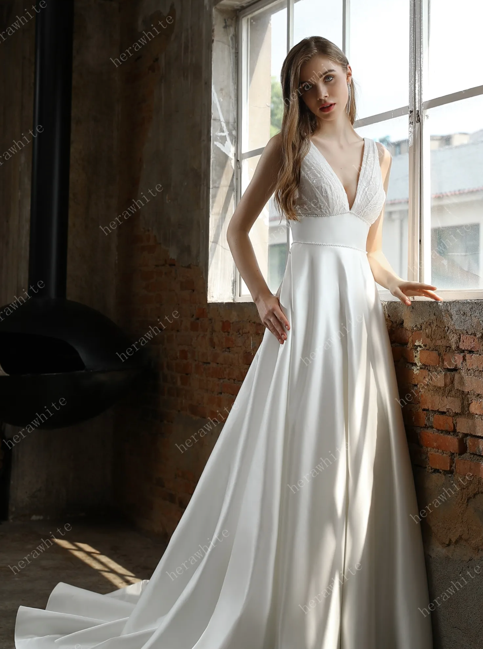 Satin A Line Wedding Dress With Pockets Chapel Train Bridal Gown, you'll be ready for the aisle in this classic V-neckline clean A-line bridal gown. 