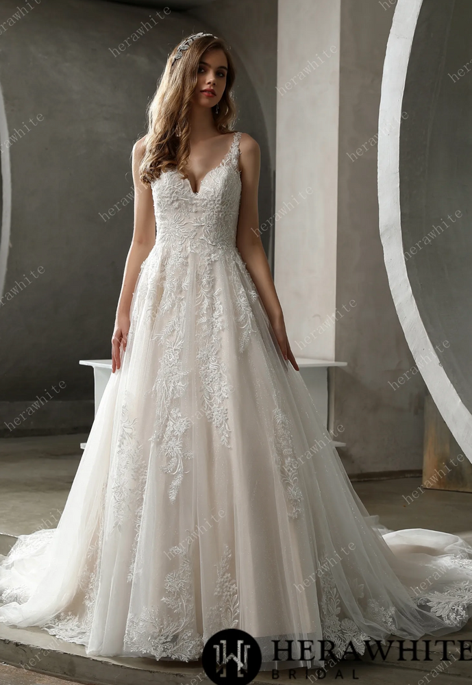 Satin Glitter Tulle Wedding Dress Beaded Lace Bridal Gown Ivory/Pink / 14