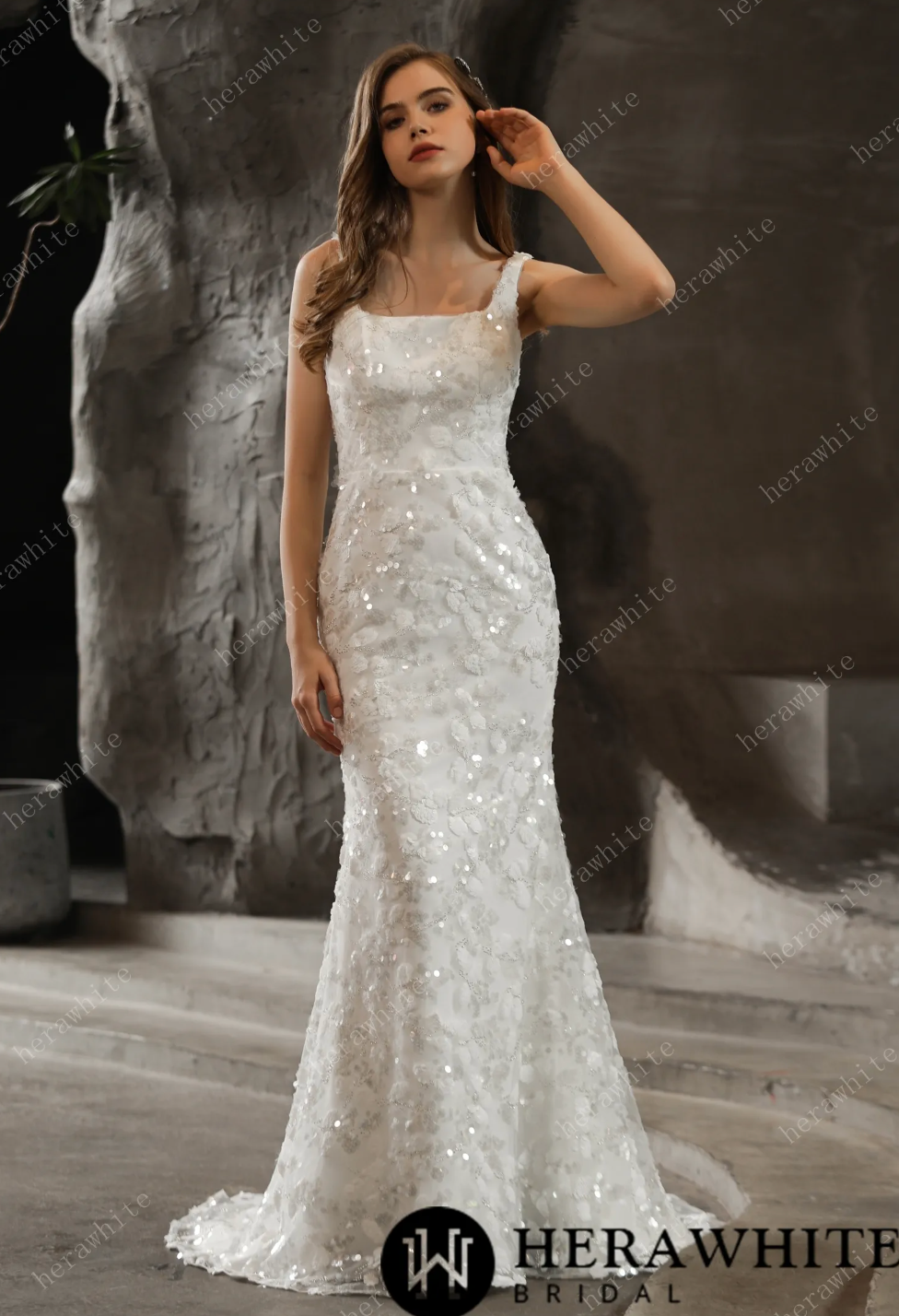 Sequined Lace Wedding Dress Boho Tulle Bridal Gown featuring sequined lace appliques and a square neckline in IVORY.