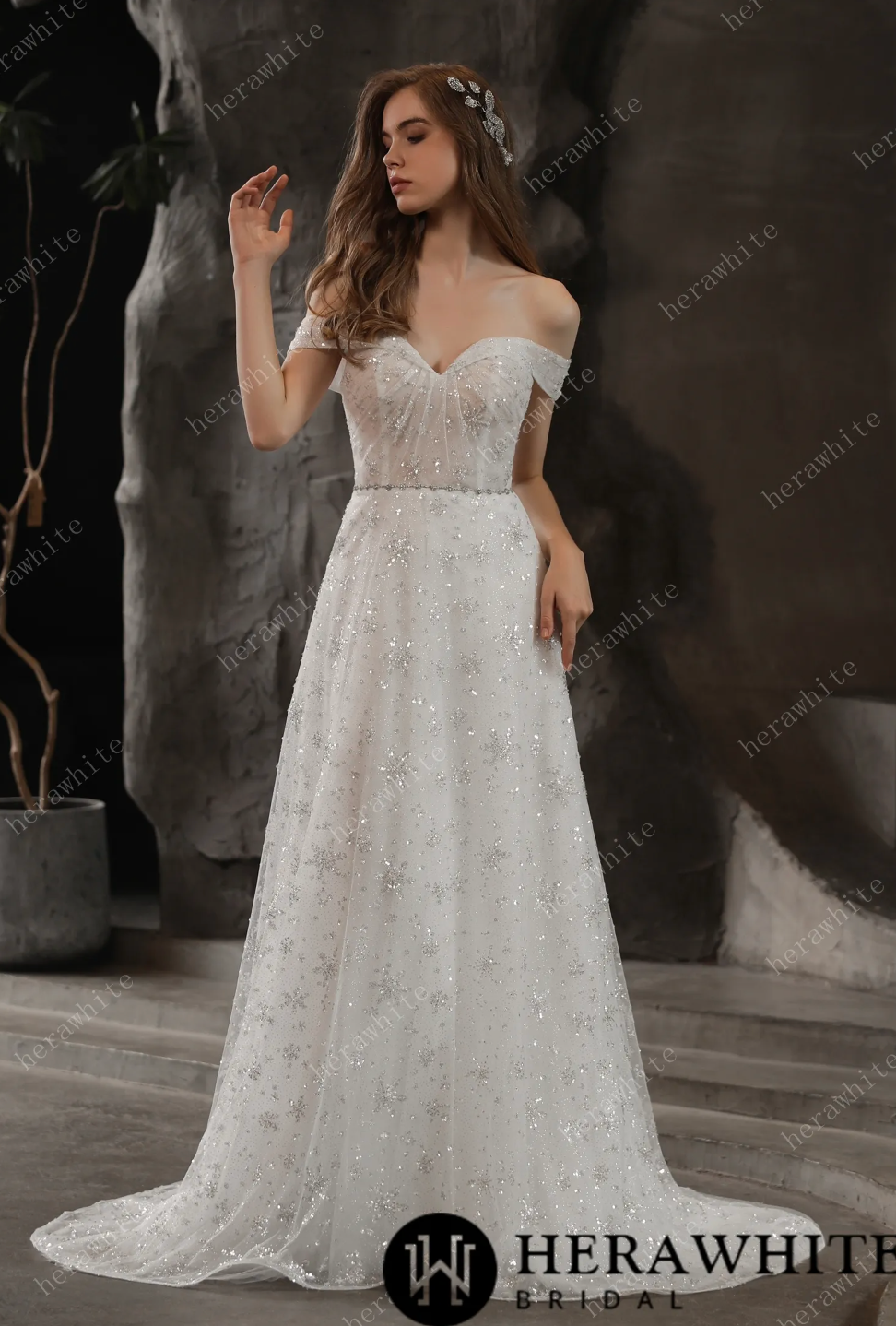 Beaded Lace Wedding Dress Tulle Bridal Gown, this sparkling gown is sure to shimmer down the aisle with off the shoulder cuff sleeves 