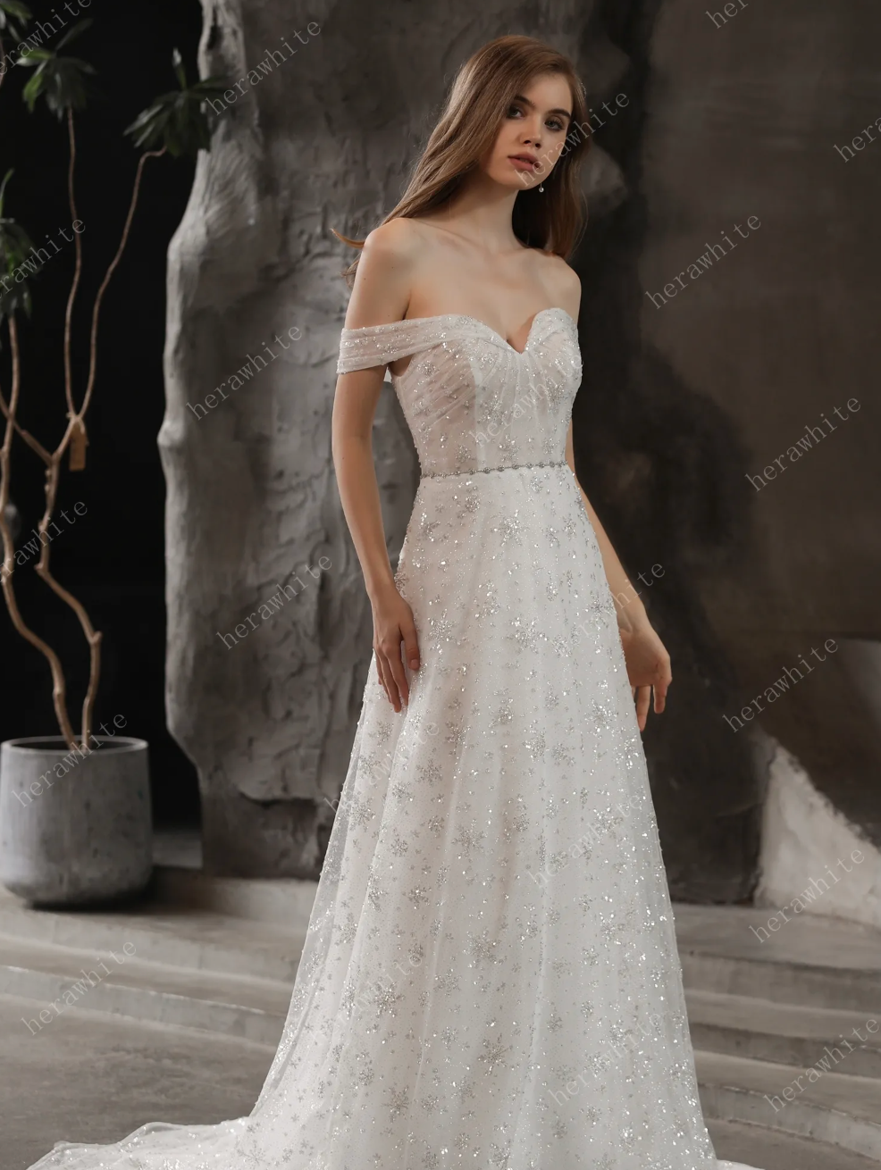 Beaded Lace Wedding Dress Tulle Bridal Gown, this sparkling gown is sure to shimmer down the aisle with off the shoulder cuff sleeves 