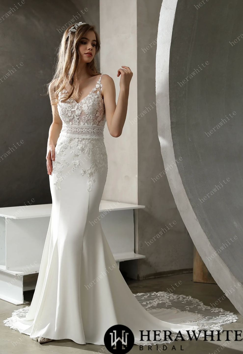 Lace Crepe Wedding Dress Scalloped Train Bridal Gown,  the soft crepe fit and flare wedding gown shows your feminine touches. With an illusion bodice 