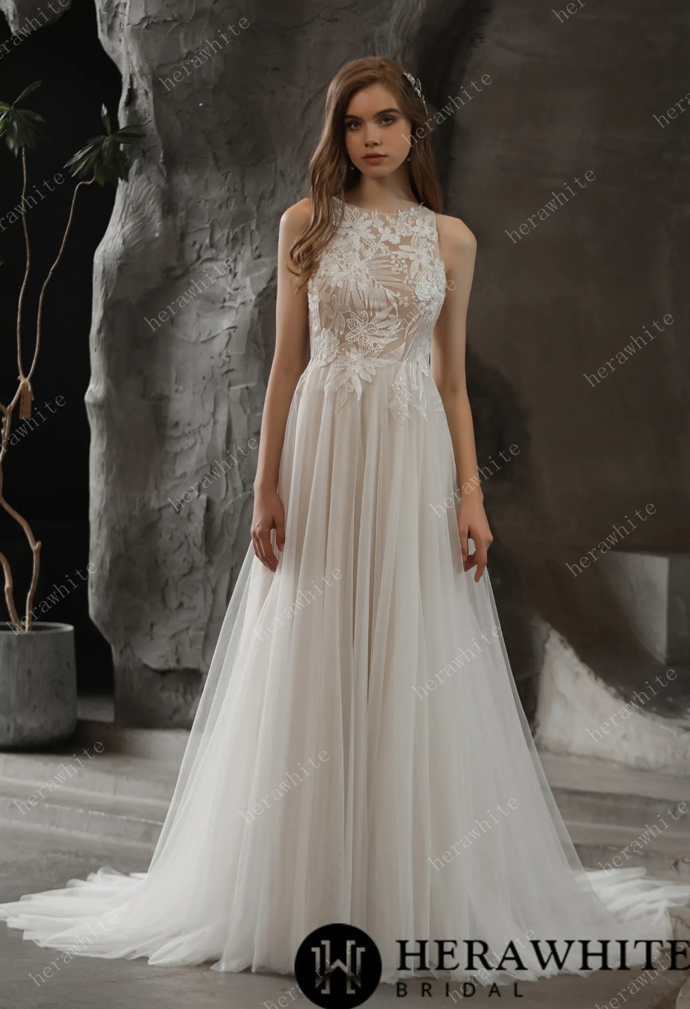 Sequined Lace Wedding Dress A Line Tulle Bridal Gown,  this A-line wedding dress is for the romantic bride wanting some shimmer on her big day.