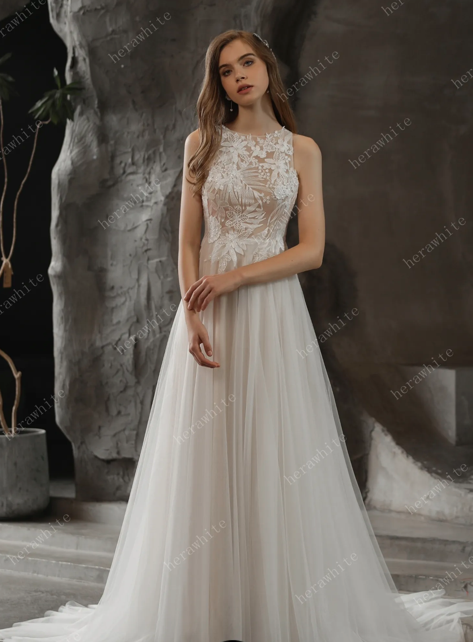 Sequined Lace Wedding Dress A Line Tulle Bridal Gown,  this A-line wedding dress is for the romantic bride wanting some shimmer on her big day.