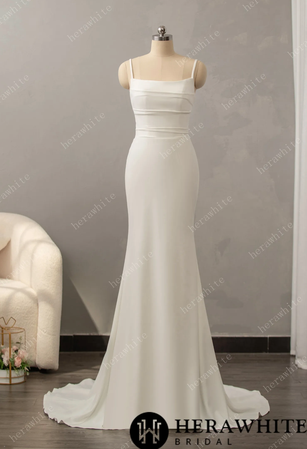 Crepe Mermaid Wedding Dress Fit and Flare V Back Bridal Gown, designed for the bride who wants to make a memorable entrance and exit,