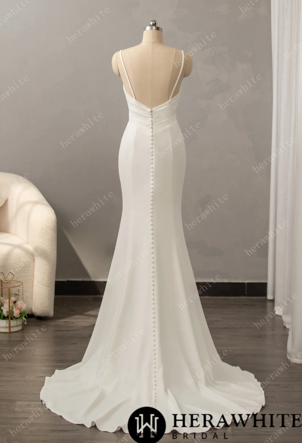 Crepe Mermaid Wedding Dress Fit and Flare V Back Bridal Gown, designed for the bride who wants to make a memorable entrance and exit,