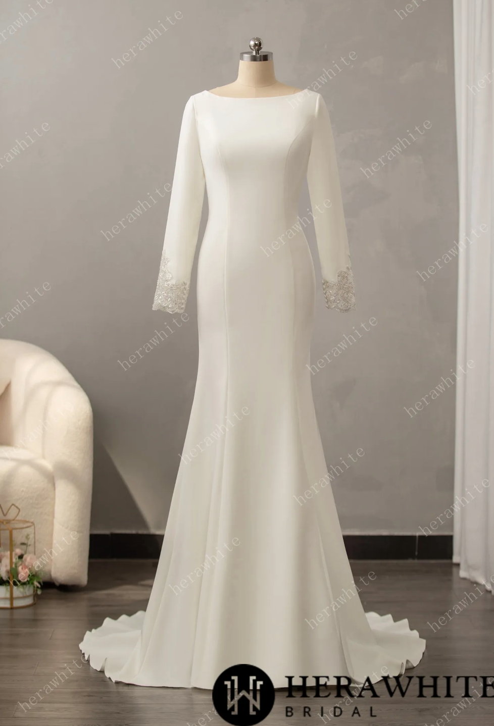 Long Sleeve Crepe Wedding Dress Mermaid Fit Flare Bridal Gown, created in a rich crepe fabric, the romantically fit and flare silhouette 