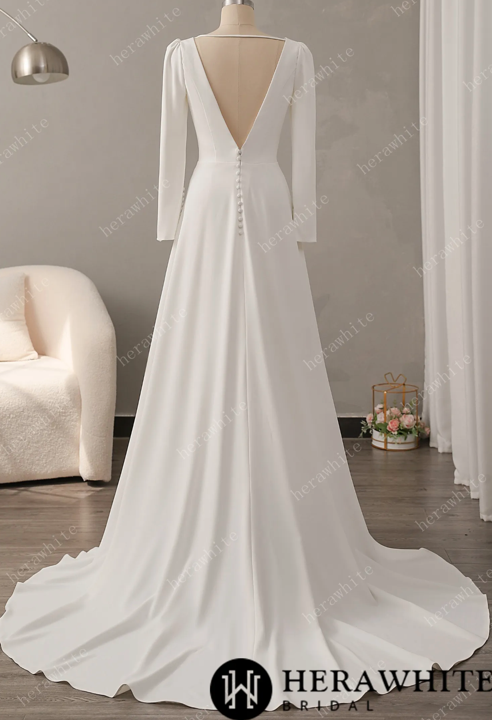 A Line Tulle Crepe Wedding Dress Sweep Train Bridal Gown, simple, modern, a line skinny plunge neckline is striking yet modest, 