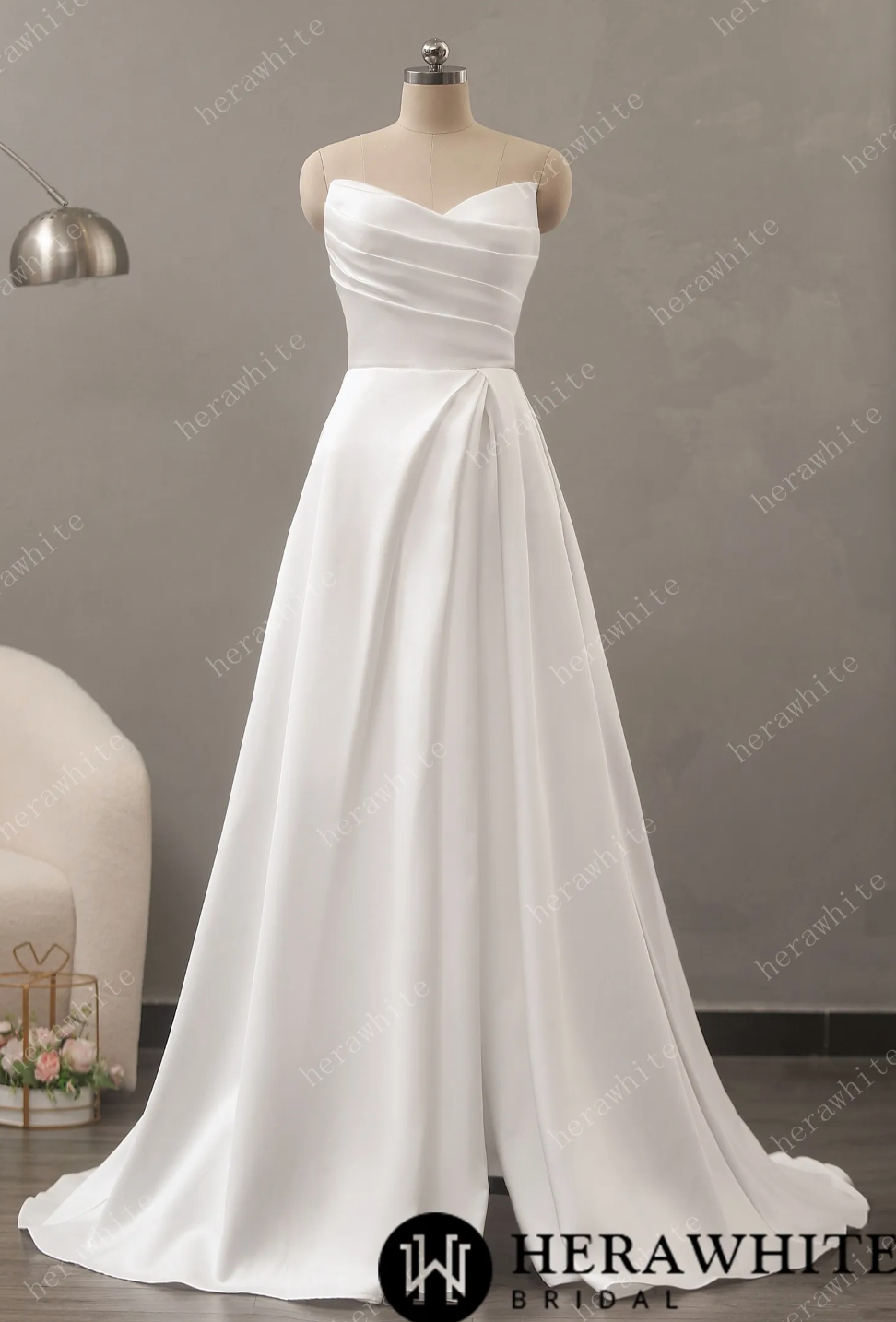 Silk A Line Wedding Dress Sleeveless With Train Bridal Gown, a clean and glamorous beauty, this a-line wedding dress is a fashionable take on the minimalistic trend