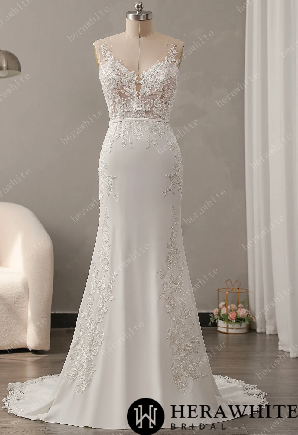 Sheath Wedding Dress Crepe Lace Train Sleeveless Bridal Gown, say hello to classic romance with a modern twist! This gorgeous lace and crepe gown 