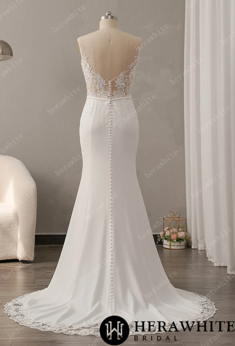 Sheath Wedding Dress Crepe Lace Train Sleeveless Bridal Gown, say hello to classic romance with a modern twist! This gorgeous lace and crepe gown 