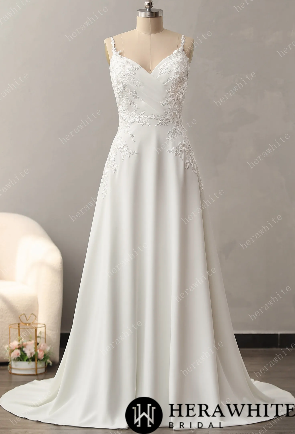 Lace A Line Wedding Dress Crepe Lace Train Bridal Gown, wearing this A-line wedding dress will give you a fairy tale feeling