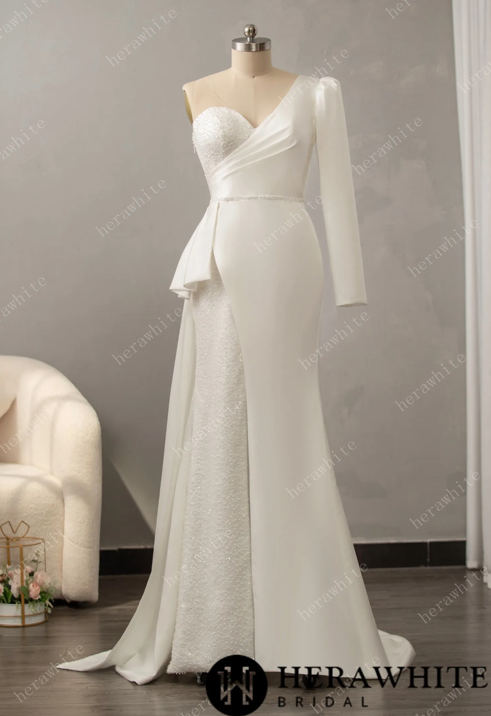Satin Lace Wedding Dress Sequined Beaded One Shoulder Bridal Gown, a unique wedding gown featuring a sexy one side shoulder with a dramatic long sleeve