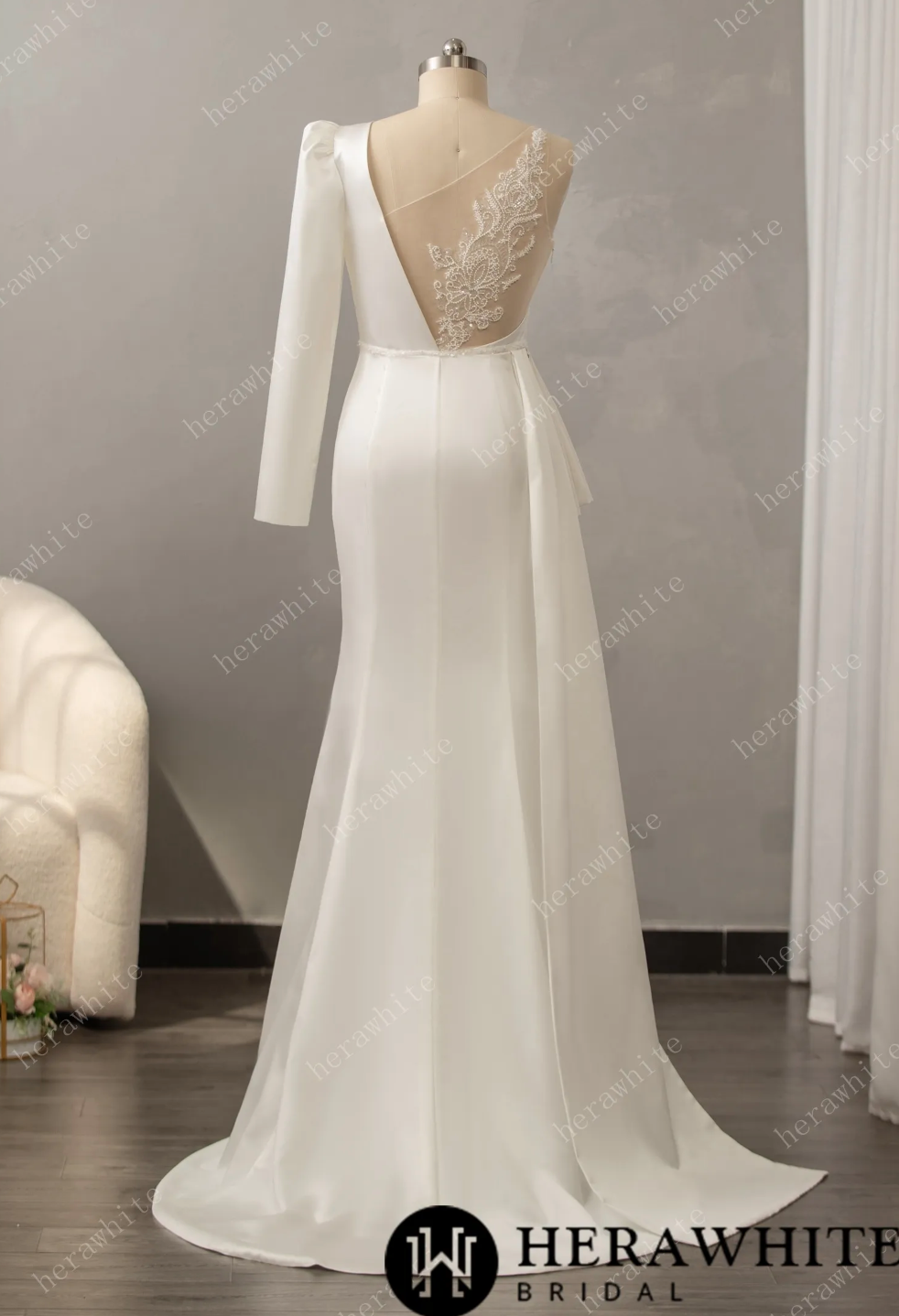 Satin Lace Wedding Dress Sequined Beaded One Shoulder Bridal Gown, a unique wedding gown featuring a sexy one side shoulder with a dramatic long sleeve