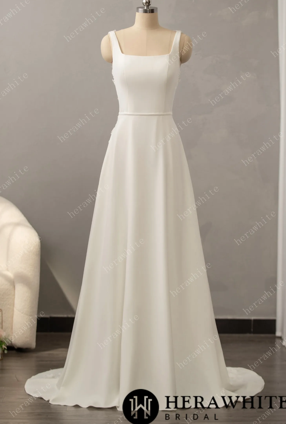 Crepe Wedding Dress A Line Illusion Lace Back Bridal Gown With Train, the epitome of modern clean, this stretch crepe wedding dress has a trending square neckline
