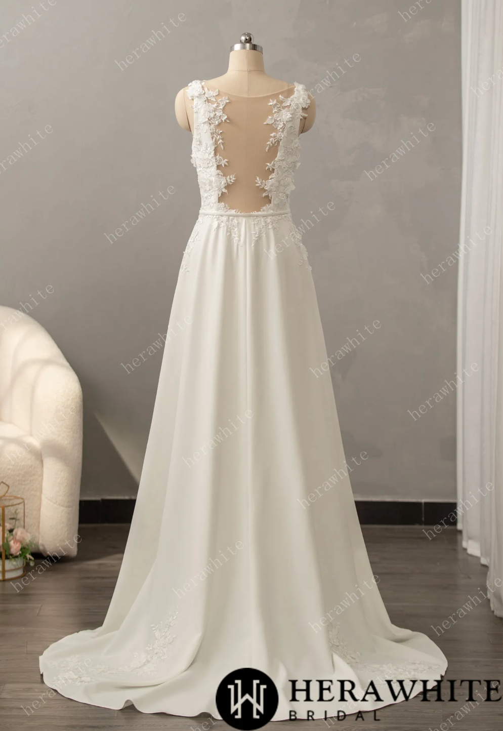 Crepe Wedding Dress A Line Illusion Lace Back Bridal Gown With Train, the epitome of modern clean, this stretch crepe wedding dress has a trending square neckline