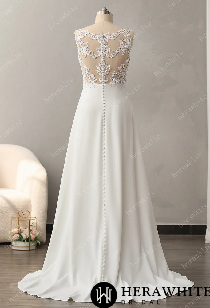 Crepe Lace Wedding Dress Empire Waist Illusion Back Bridal Ivory / 14 Crepe Lace Wedding Dress Empire Waist Illusion Back Bridal Ivory / 14