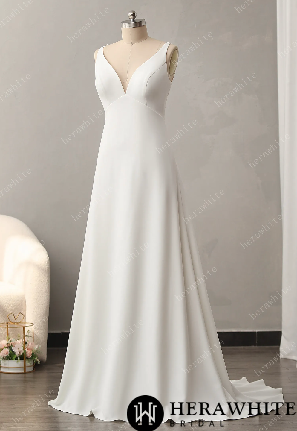 Crepe Lace Wedding Dress Empire Waist Illusion Back Bridal Ivory / 10 Crepe Lace Wedding Dress Empire Waist Illusion Back Bridal Ivory / 10