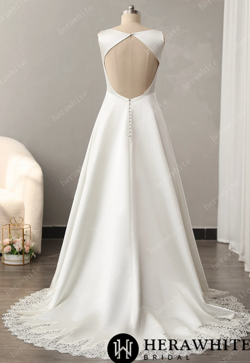 Modern Lace Wedding Dress A-line Bridal Gown with Cutout Train, modern lace brings this A-line bridal dress to life. T
