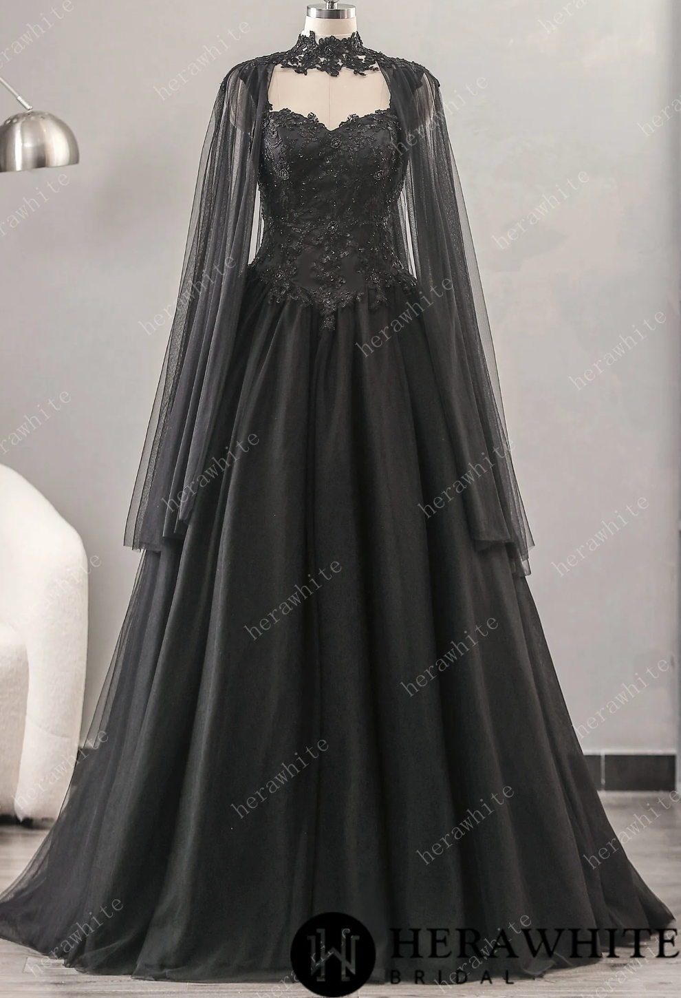 Black Wedding Dress Detachable Cape A Line Tulle Satin Bridal Gown, this elegant black a line wedding dress will show your style with the detachable beaded
