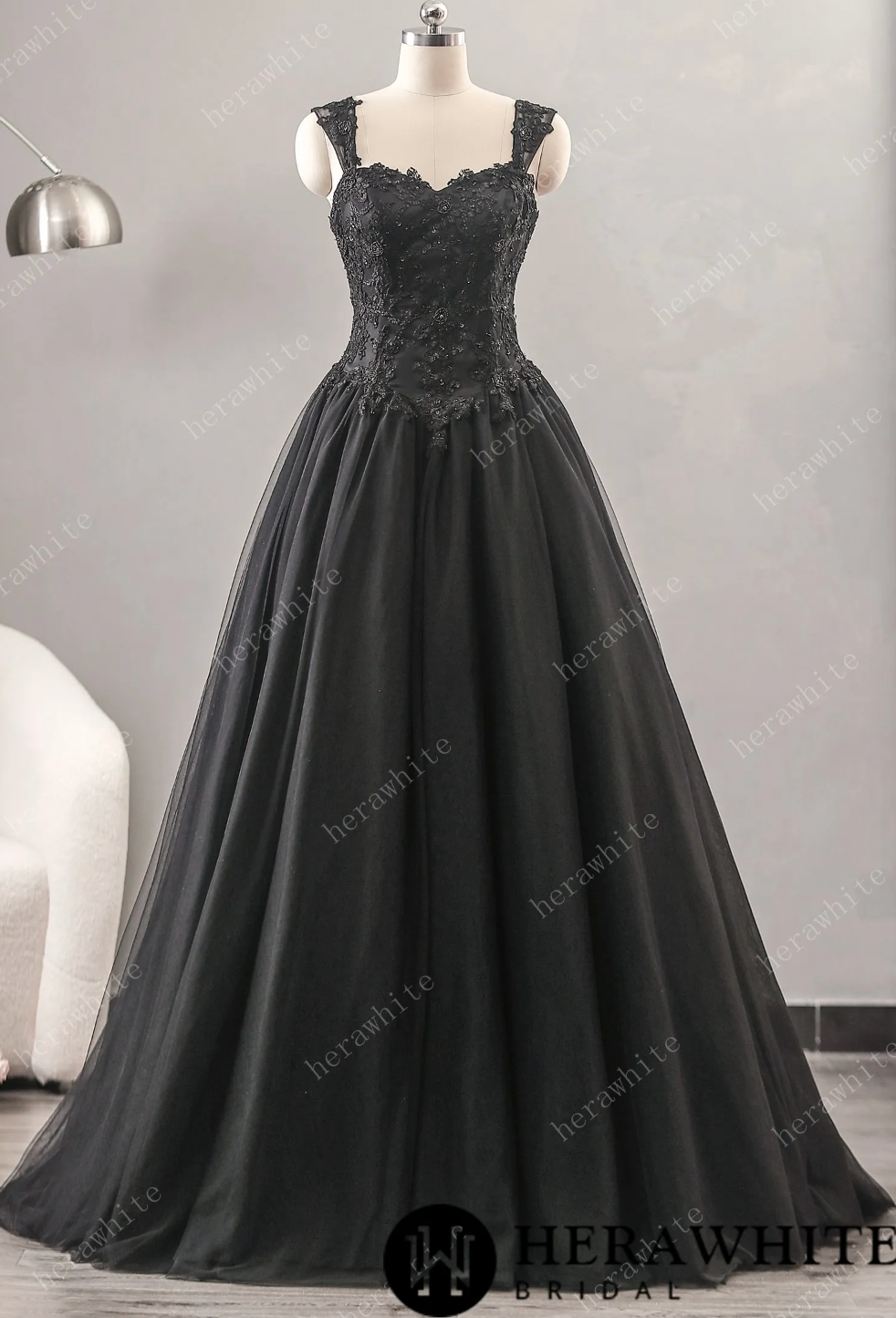 Black Wedding Dress Detachable Cape A Line Tulle Satin Bridal Gown, this elegant black a line wedding dress will show your style with the detachable beaded