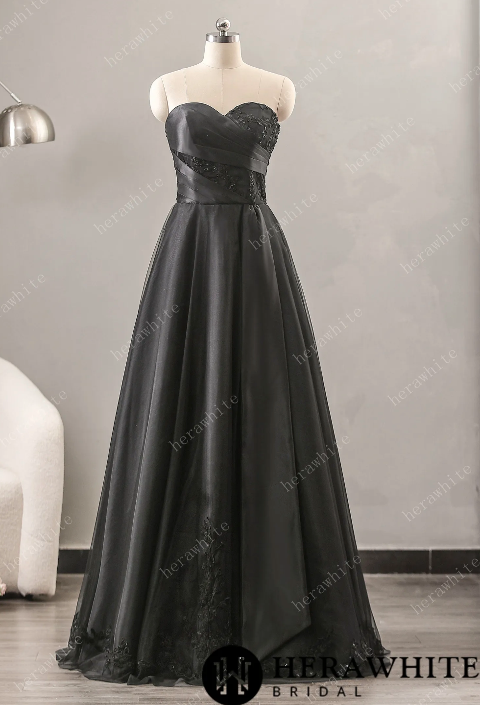Black Strapless Wedding Dress A Line Tulle Satin Bridal Gown, this soft wedding dress has a chic corset bodice with artfully placed lace 