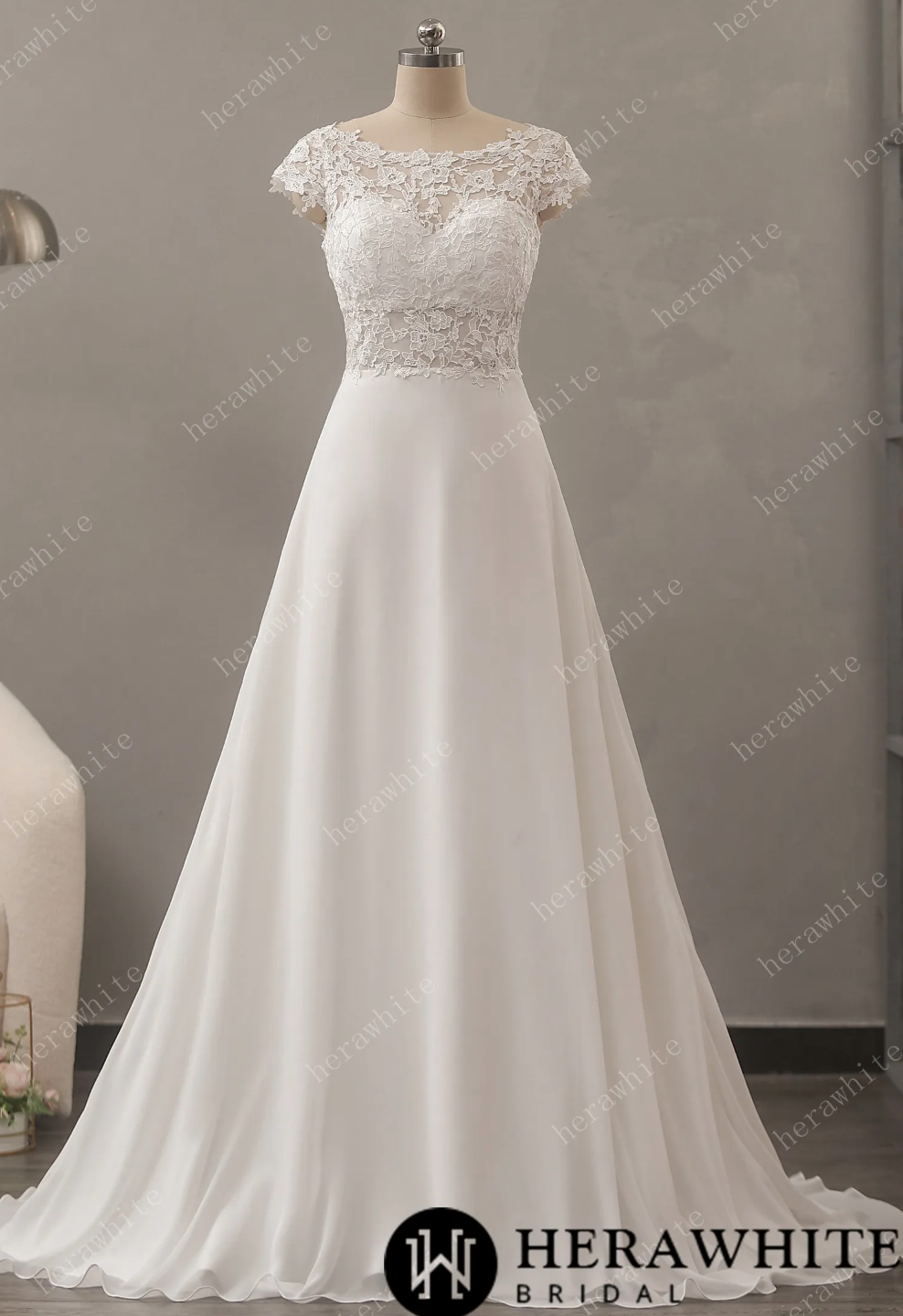 A-Line Wedding Dress Chiffon Lace Bridal Gown, feel stunning in this dreamy A-line cap sleeve wedding dress. The bateau neckline