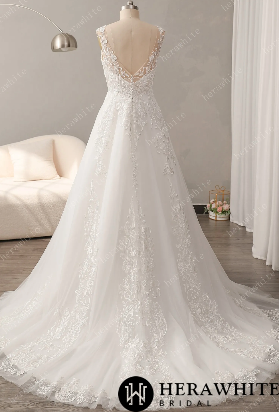 Tulle Lace Wedding Dress A Line Bridal Gown, walk down the aisle in this soft A-line wedding dress of lace and tulle skirt with demure cap