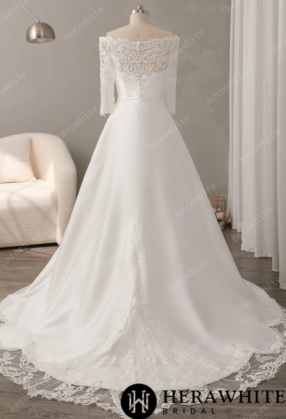 Mikado Silk Wedding Dress A Line Bridal Gown, walk down the aisle in this soft A-line wedding dress of lace overlay on a sweetheart bodice 