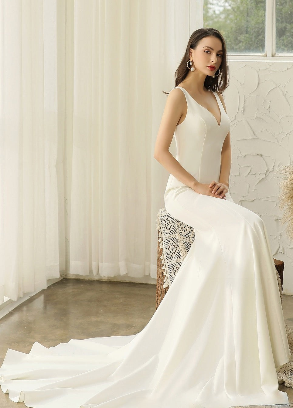 Wedding Dress Crepe Mermaid With Illusion Lace Back Bridal 