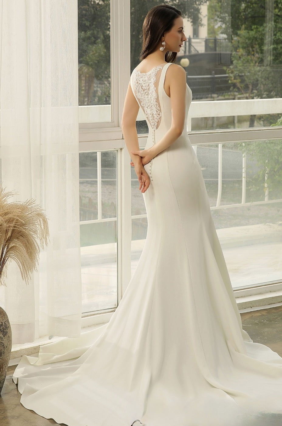Wedding Dress Crepe Mermaid With Illusion Lace Back Bridal 