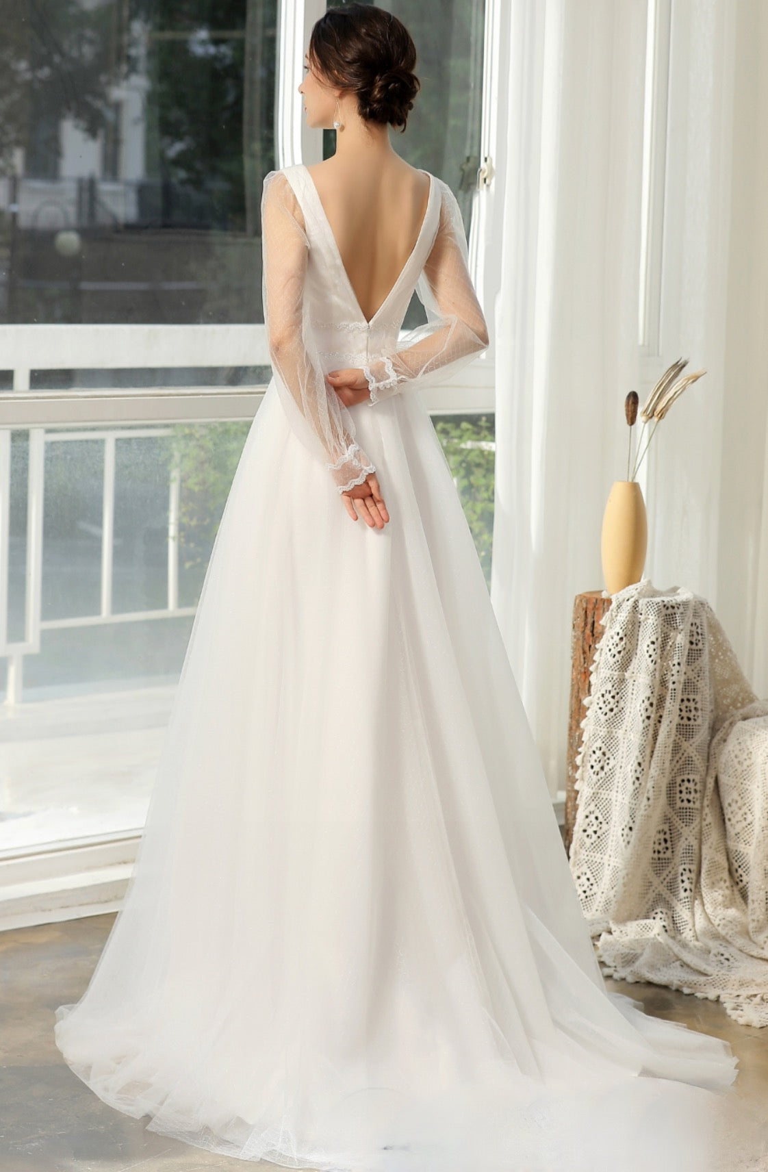Wedding Dress Bishop Long Sleeve Ruched Illusion V-Neckline