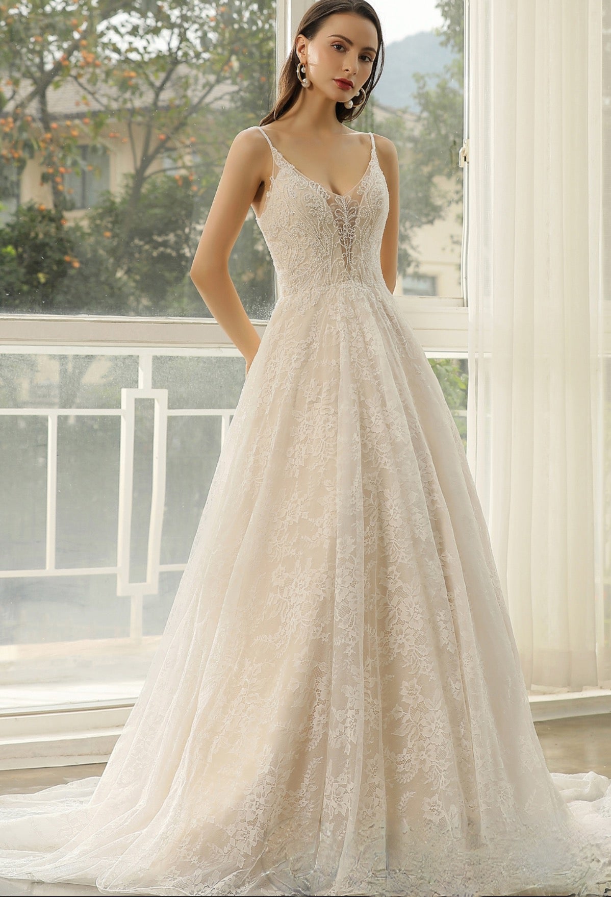Wedding Dress Beaded Lace A-line With Spaghetti Straps Gown