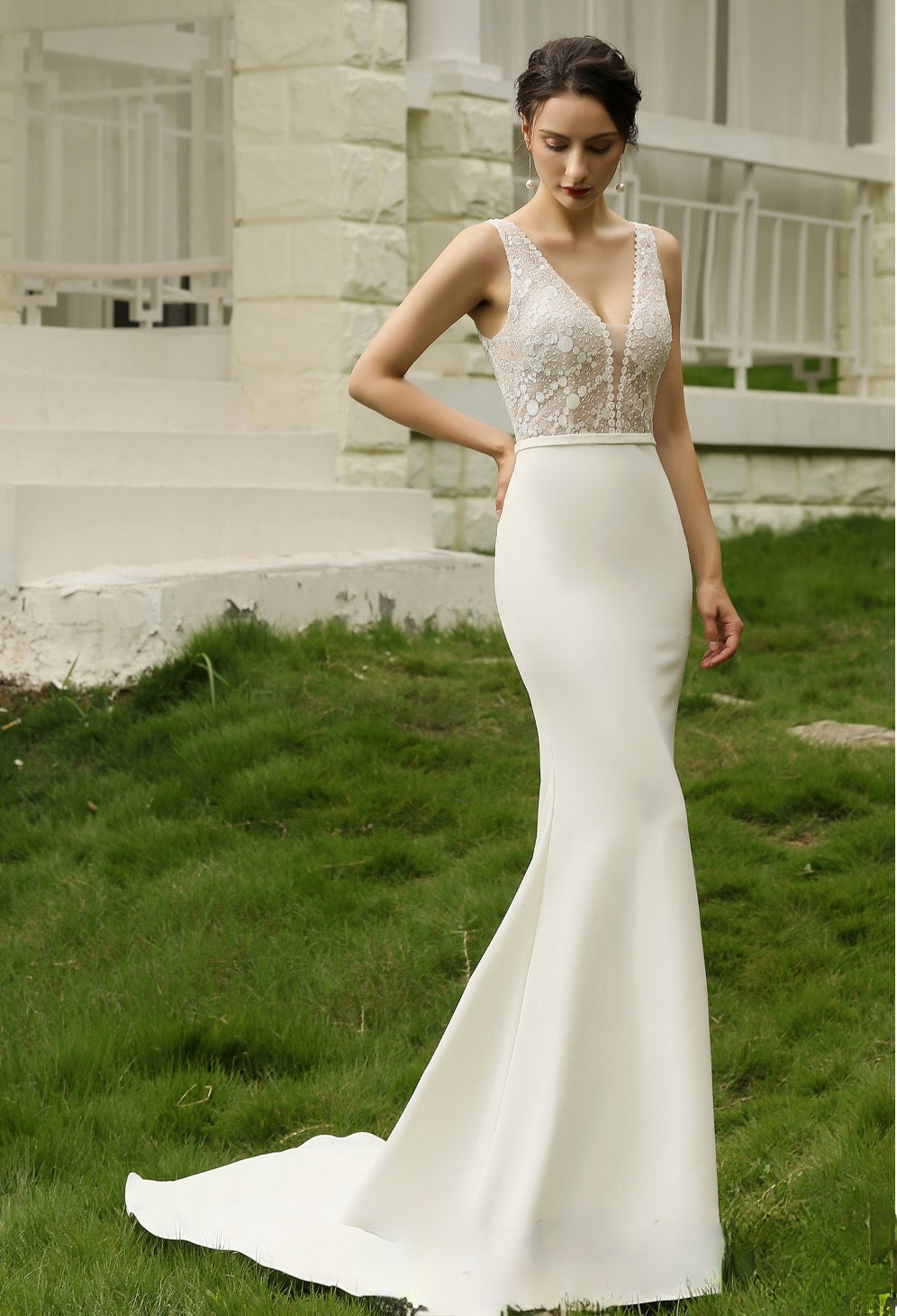 Wedding Dress Semi Sheer Bodice Crepe Gown