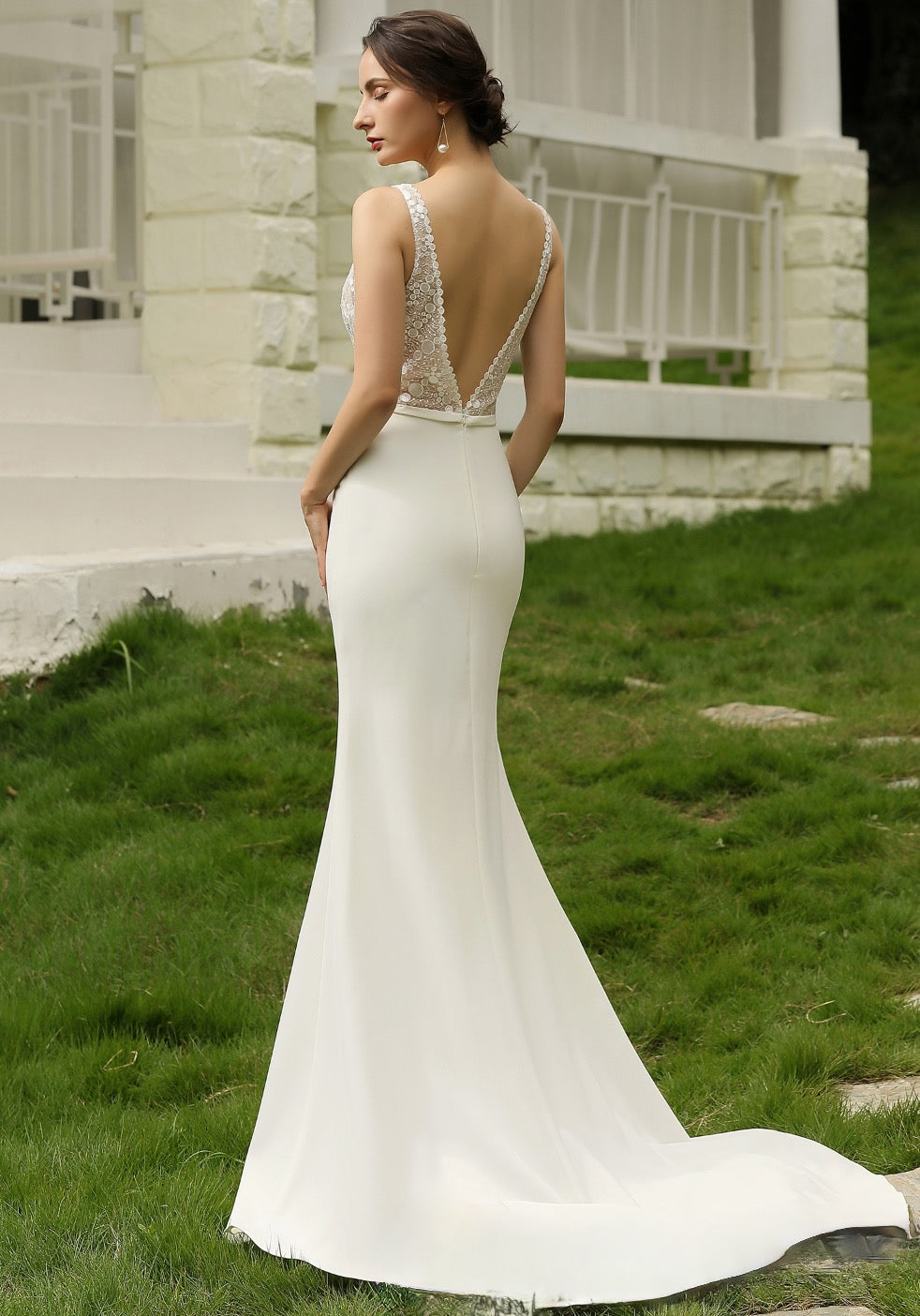 Wedding Dress Semi Sheer Bodice Crepe Gown