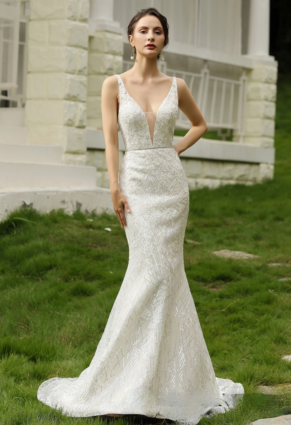 Wedding Dress Glittery Fitted With Deep V Neckline