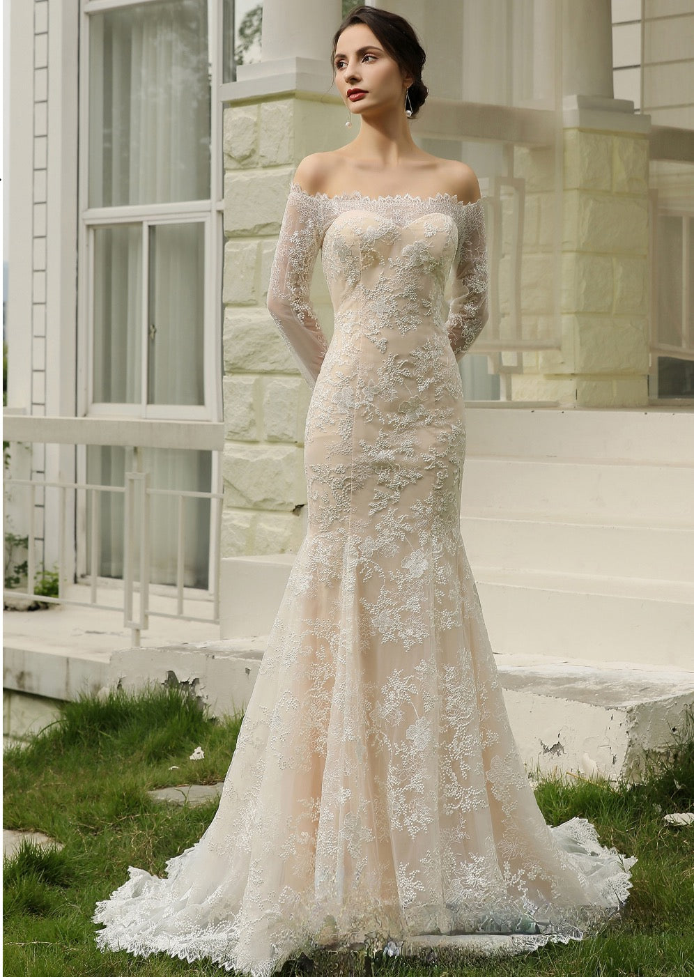Wedding Dress Off-the-Shoulder Sheath with Illusion Lace